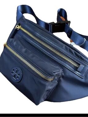 Tory Burch Navy Nylon Belt Bag with Gold Zippers